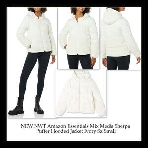 NEW  NWT Amazon Essentials Mix Media Sherpa Puffer Hooded Jacket Ivory Sz Small